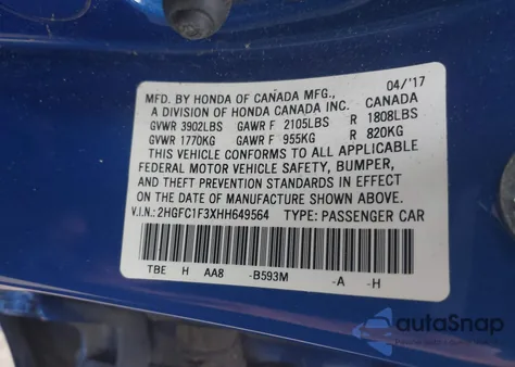 2017 Honda Civic Ex-T z USA, uszkodzony, nr VIN 2HGFC1F3XHH649564